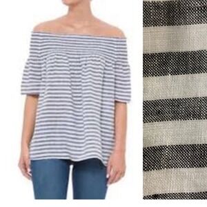 C&C California Womens Black White Striped 100% Linen Smocked Off Shoulder Top S